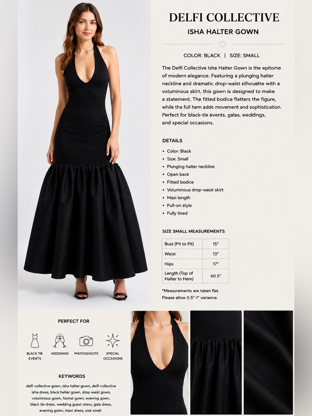 Delfi Collective Isha Black Halter Drop Waist Maxi Gown Dress Size Small